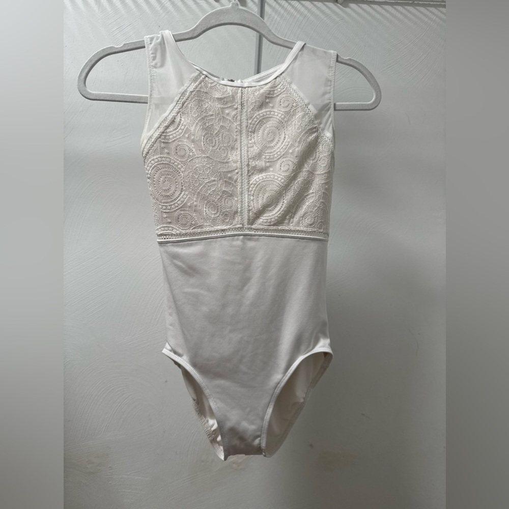 Gently worn sleeveless white front lace dance leotard